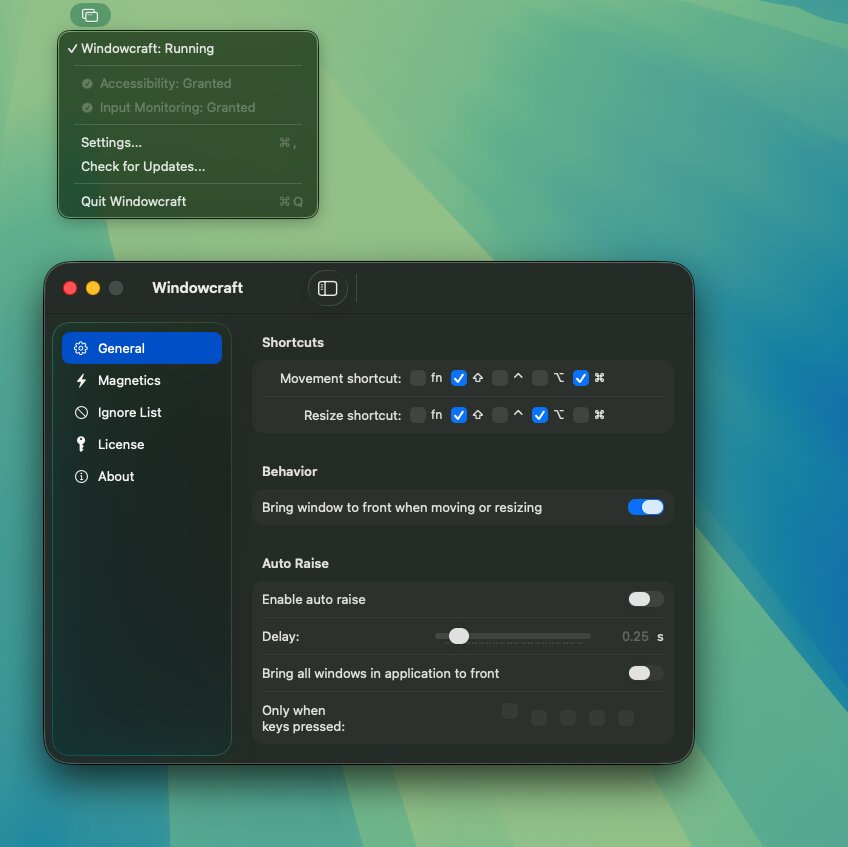 Windowcraft menu bar and settings panel